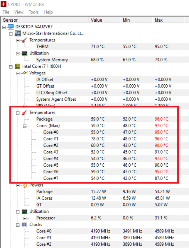 Скриншот HWMonitor с показателями температуры